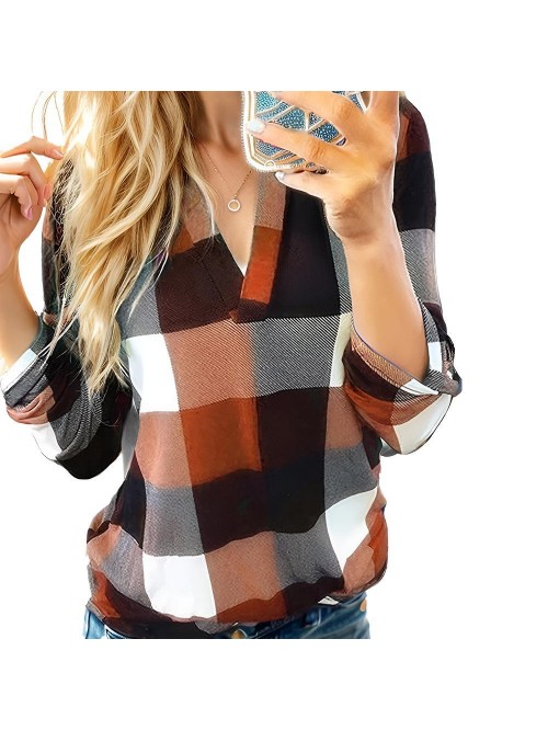 Weardear Womens V Neck Basic Plaid Print Cotton Cu...