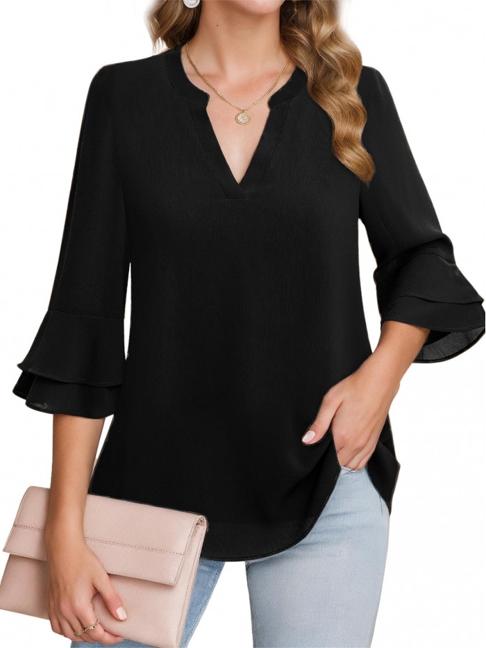 Weaedear 3/4 Sleeve Tops for Women Dressy Casual V Neck Chiffon Blouse Work Shirts